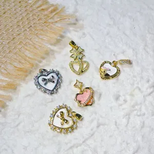 Copper Gold Plated Heart Bow Planet Pendants For Jewelry Making Micro Pave Zirconia Charms For DIY Necklace Bracelet