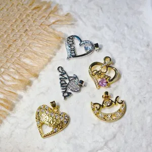 Gold Plated Copper Zirconia Heart Moon Pendants For Mother's Day Gift DIY Jewelry Making Charms Mom Mama Letter Pendant Accessories