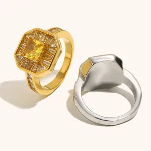 Detalles del anillo octogonal chapado en oro de 18k de acero inoxidable con piedra amarilla.