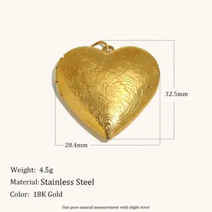 Stainless steel 18K gold plated heart locket pendant, engraved floral design, elegant jewelry.