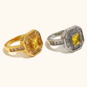 Hermoso anillo octagonal con piedra amarilla en acero inoxidable dorado estilo vintage elegante