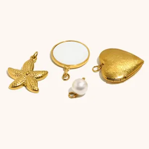 Stainless steel 18k gold plated jewelry pendants set including starfish pearl and heart locket.