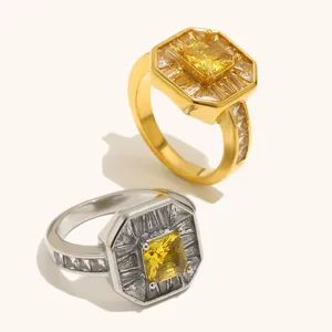 Anillo octogonal estilo europeo y americano chapado en oro de 18k joyería de lujo