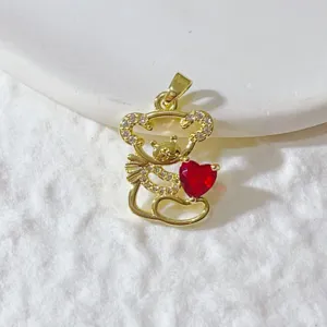 Gold-plated cute squirrel pendant with sparkling zirconia and red heart gemstone for DIY jewelry making