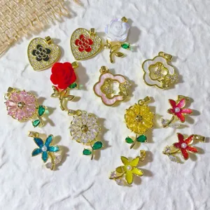 Brass Rhinestone Flower Heart Charms For DIY Jewelry Making Pendants Enamel Artificial Pearl Micro Inlaid Floral Pendants For Necklace Bracelet