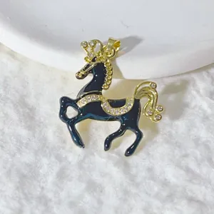 Copper gold plated micro zircon black enamel horse pendant DIY jewelry accessory detail view.