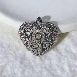 Silver tone heart shape pendant with cubic zirconia and MOM word for DIY necklace.