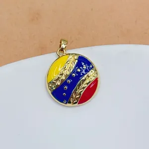 Gold plated enamel Venezuela flag round pendant detail shot, stylish and versatile accessory.