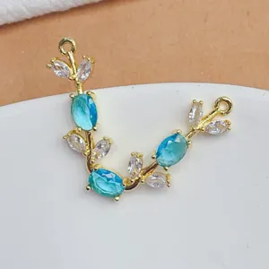 Connecteur de bijoux en forme de branche dorée avec zircon bleu et blanc pour bricolage