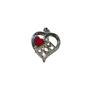 Silver heart shaped MOM pendant necklace accessory with micro paved cubic zirconia stones