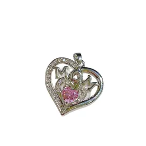 Mother's Day silver heart pendant with pink crystal and MOM letter design for women gift