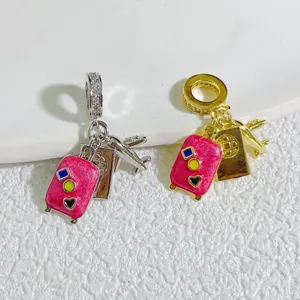 Travel Theme Airplane Suitcase Passport Charm Gold Plated Copper Rhinestone Enamel DIY Bracelet Necklace Jewelry Pendant