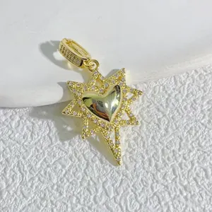 Gold-plated star heart pendant detail view, crystal paved DIY jewelry accessory component.