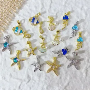 Vergoldetes Kupfer Meeres-Charm-Anhänger Meereslebewesen Strass Künstliche Perle Seestern Fisch Qualle Muschel Anhänger Für Handgefertigt DIY Schmuck