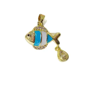 Schöner Vergoldeter Emaillierter Fisch Anhänger Zirkonia Charm für DIY Halskette Armband