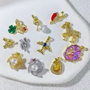 Copper Gold Plated Enamel Charms For DIY Jewelry Making Chili Four Leaf Clover Horse Airplane Butterfly Pearl Rhinestone Pendants