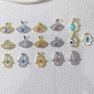 Kupfer Gold Silber Vergoldet Böser Blick Hand der Fatima Anhänger Für Damen Strass Zarter Halskette DIY Schmuck Zubehör