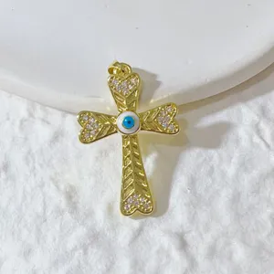 Gold cross pendant with evil eye and cubic zirconia for DIY necklace jewelry making