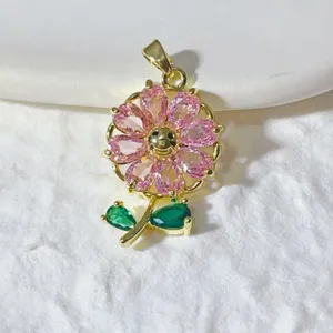 Gold plated copper cubic zirconia flower pendant DIY charm for necklace bracelet jewelry making