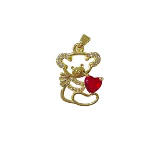 Gold plated cute squirrel pendant with cubic zirconia and red heart charm for women.