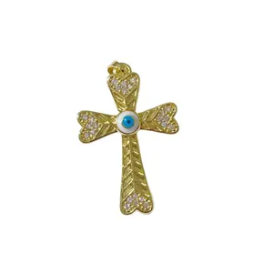 Gold cross pendant necklace with sparkling cubic zirconia and blue evil eye accent for women DIY