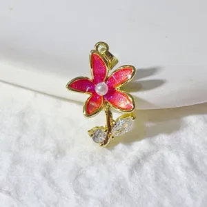 Copper Zircon Flower Pendant DIY Necklace Bracelet Accessory Pink Enamel Pearl Charm