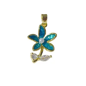 Gold plated blue glitter flower pendant zircon DIY charm necklace bracelet jewelry item