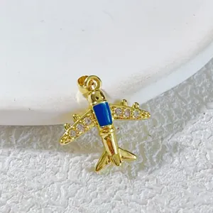 Gold Plated Airplane Pendant Blue Enamel CZ Stone DIY Jewelry Charm for Necklace Bracelet