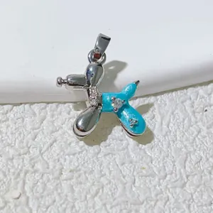 Blue enamel balloon dog pendant detail, silver tone metal with cubic zirconia stones.