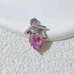 Graduation cap pink heart pendant necklace silver metal crystal chic fashion jewelry gift