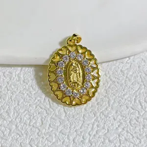 Gold plated Virgin Mary zircon pendant, heart cutout oval charm for DIY jewelry making.