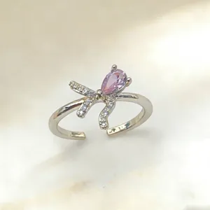 Eleganter Damen Kupfer vergoldet Schleife Tropfen lila Zirkonia offener Ring Hauptansicht
