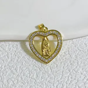 Gold Plated Virgin Mary Heart Pendant Cubic Zirconia Micro Pave Jewelry DIY Accessory