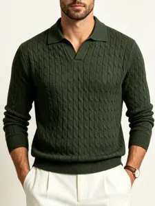 Andriko Skuro Prasino Plekto Polo Pullover Retro Kotsida Epicheirimatiko Makry Maniki