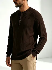 Andriko kafe plektou poulover me makry mani slim fit casual roucho gia antres epoche