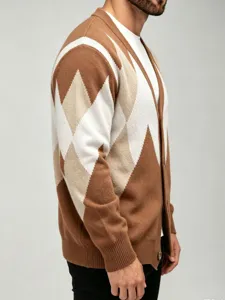 Ανδρική πλεκτή ζακέτα V-neck με ρόμβους argyle σε ρετρό σχεδιασμό χρωματικών μπλοκ.