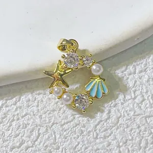 Vergoldeter Meeresmuschel Seestern Anhänger Charms mit Zirkonia und Perlen für DIY Schmuck.