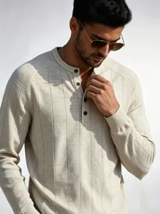 Ανδρικό ριγέ πουλόβερ henley, casual πλεκτό μακρυμάνικο πουλόβερ, ελαφρύ μοντέρνο τοπ.