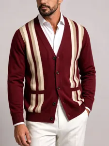 Ανδρική vintage ριγέ ζακέτα πλεκτή V-neck μονόστηθος casual εξωτερικό ρούχο