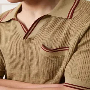 Ανδρικό καλοκαιρινό πλεκτό πόλο από μετάξι πάγου κοντομάνικο με ριγέ αντίθεση casual τοπ