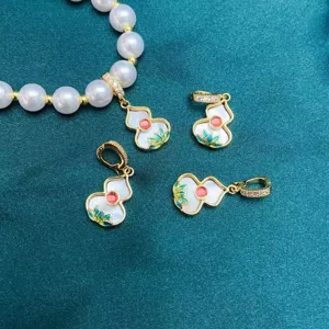Pendentif Calebasse en Cuivre Plaqué Or Avec Fermoir Universel Émail Nacre Strass Charme pour Collier Bracelet Chaîne de Perles Accessoire
