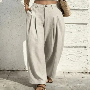 High waist pleated wide leg trousers in beige, casual drape fit for everyday fashion.