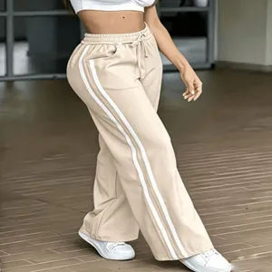 Women casual wide leg track pants beige loose sportswear side stripe casual trousers