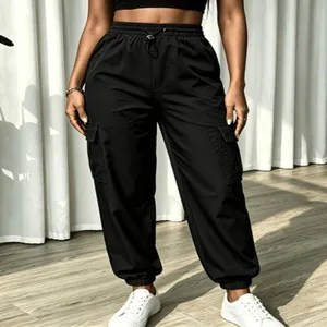 Black cargo pants detail, high waist, multi pockets, drawstring waist and cuffed ankles