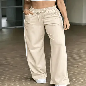 Women casual side stripe wide leg pants with elastic high waist loose lounge track pants