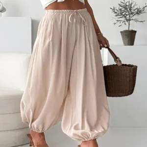Pantaloni harem casual estivi da donna, pantaloni larghi e comodi con coulisse in kaki.