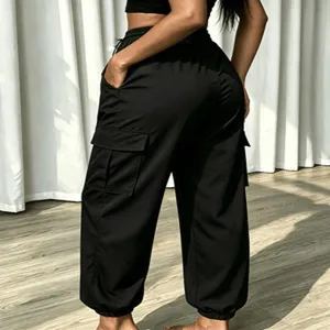 Black cargo pants for women, high waist multi-pocket casual trousers, streetwear style.