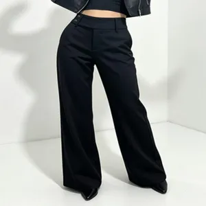 High waist black wide leg trousers for women, elegant loose straight suit pants for daily wear.