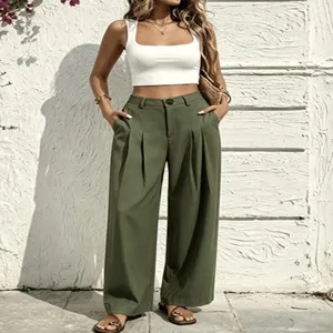 High-waisted pleated wide-leg trousers, loose drape casual pants for women detail view.
