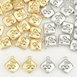 Rhombus Embossed Cherry Pendant Electroplated Copper Metal Fruit Charms Mini Loose Beads Findings For DIY Earring Necklace Crafts Making